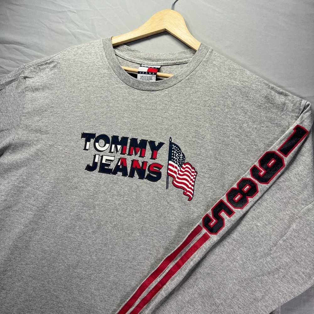 Vintage Tommy Hilfiger Jeans Shirt Mens Large Gray T Shirt Sleeve Hit Flag Y2K